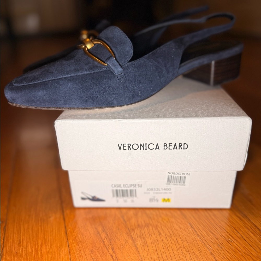 VERONICA BEARD Casie Slingback Pump in Navy Blue Suede with a Gold-Tone Buckle - Picture 6 of 13